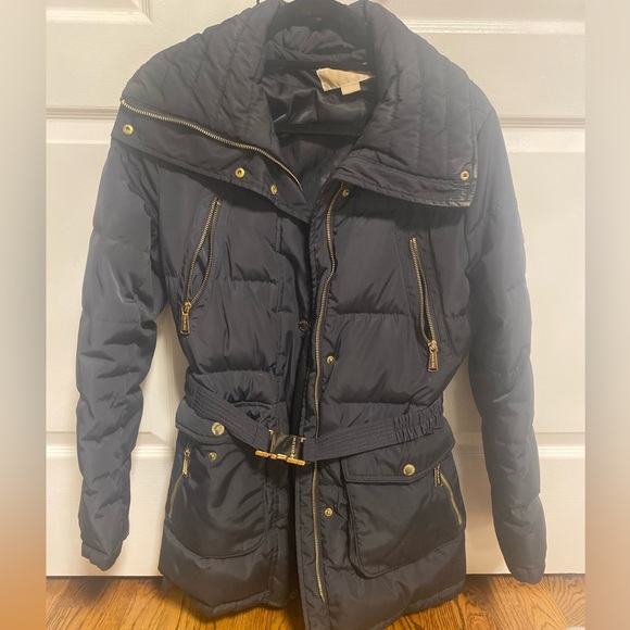 Michael Kors Long Puffer Coat Navy with Gold accents Size Small - Picture 2 of 6